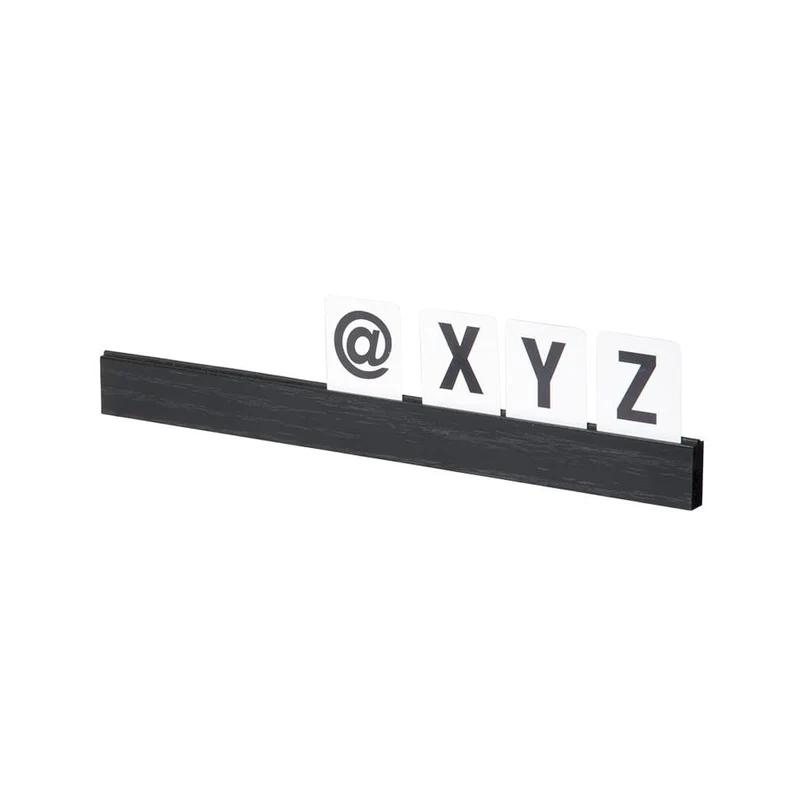 Securit® Buchstabenregal, Schwarz, 4 Leisten á 25 cm, inkl. Wandmontageset und 169 doppelseitigen Buchstaben-, Zahlen- und Symbolkarten