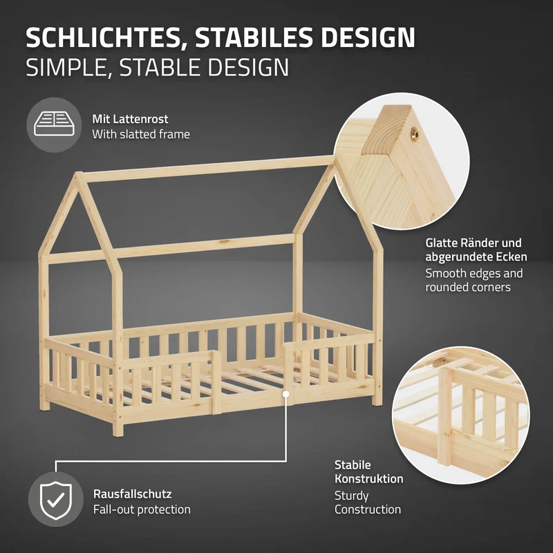 Kinderbett Hausbett 80x160 cm Natur aus Kiefernholz inkl. Matratze H-10cm Rausfallschutz Dach und Lattenrost ML-Design