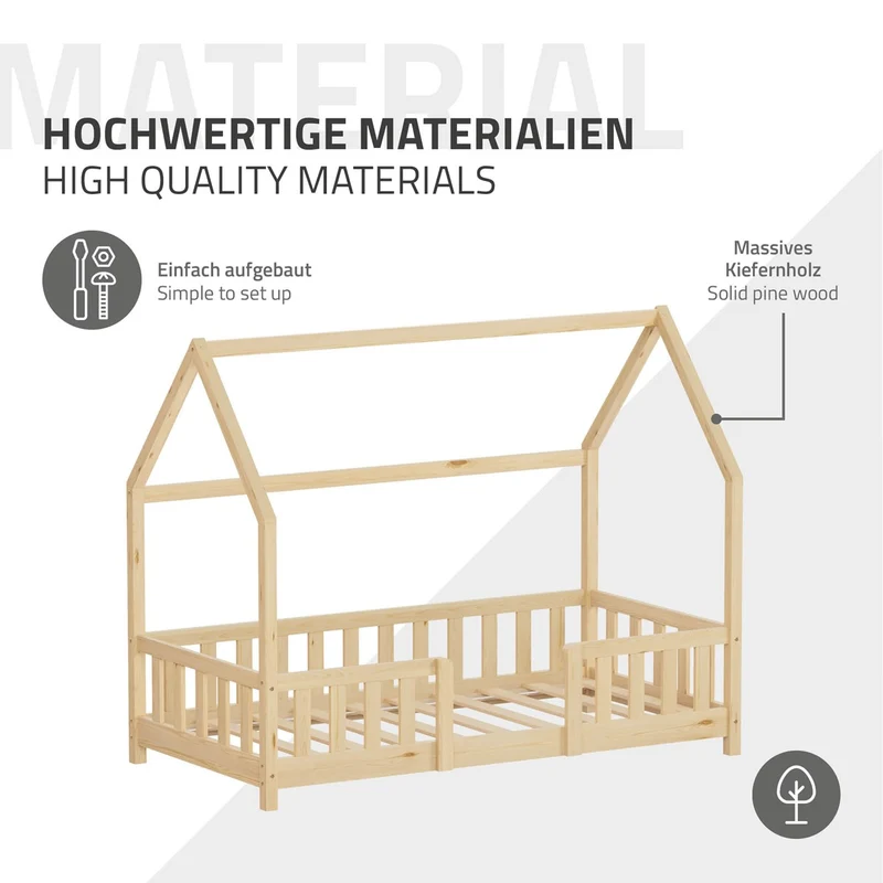 Kinderbett Hausbett 80x160 cm Natur aus Kiefernholz inkl. Matratze H-10cm Rausfallschutz Dach und Lattenrost ML-Design