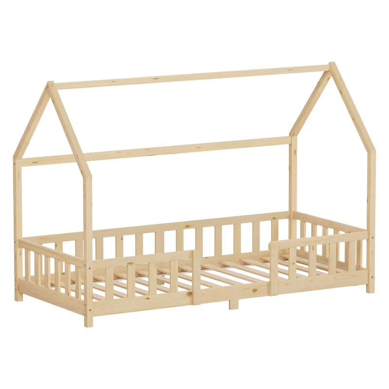 Kinderbett Hausbett 90x200 cm aus Kiefernholz Natur mit Rausfallschutz Dach und Lattenrost Holzbett ML-Design