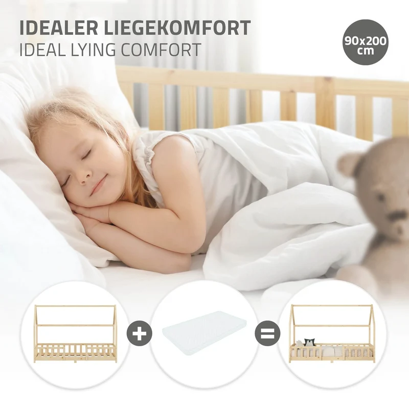 Kinderbett Hausbett 90x200 cm aus Kiefernholz Natur mit Rausfallschutz Dach und Lattenrost Holzbett ML-Design