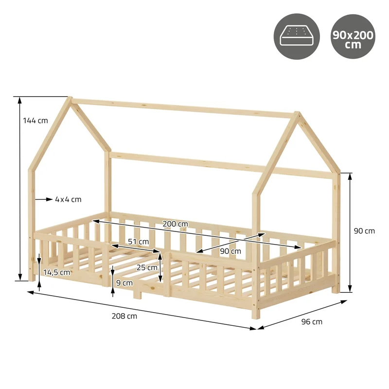 Kinderbett Hausbett 90x200 cm aus Kiefernholz Natur mit Rausfallschutz Dach und Lattenrost Holzbett ML-Design