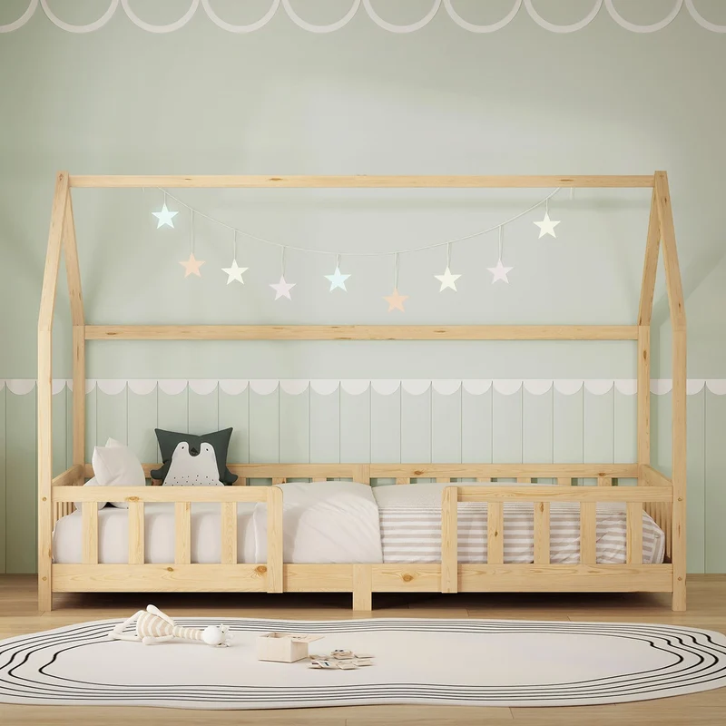 Kinderbett Hausbett 90x200 cm aus Kiefernholz Natur mit Rausfallschutz Dach und Lattenrost Holzbett ML-Design
