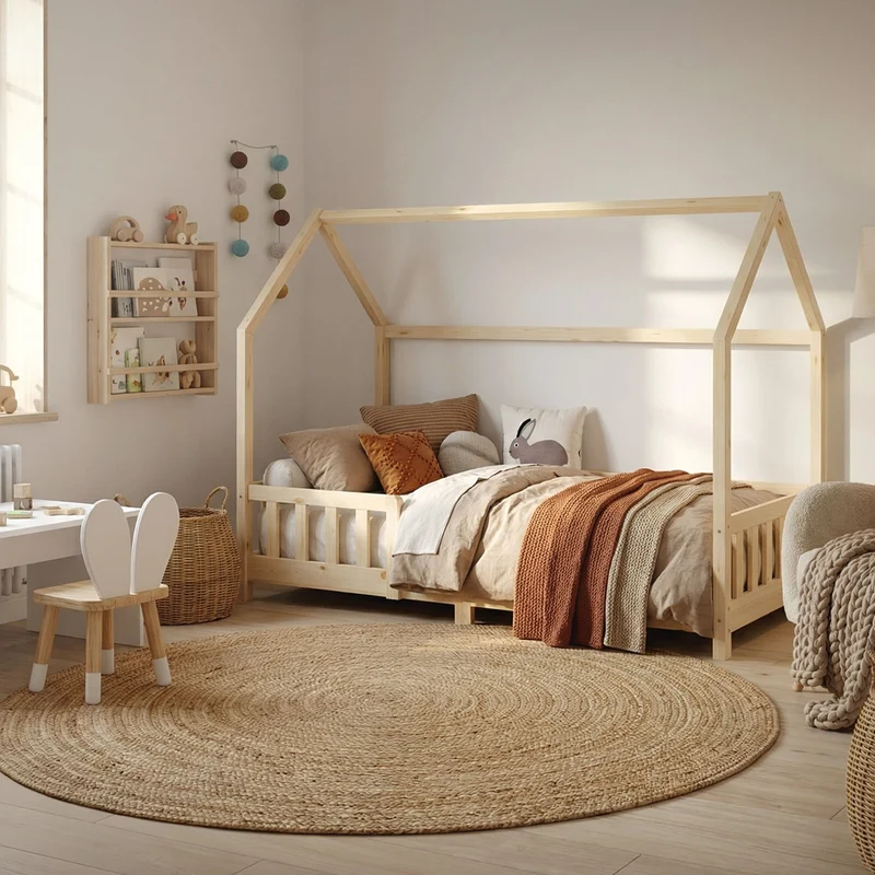 Kinderbett Hausbett 90x200 cm aus Kiefernholz Natur mit Rausfallschutz Dach und Lattenrost Holzbett ML-Design