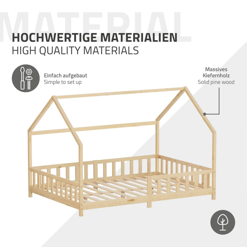 Kinderbett Hausbett 140x200 cm aus Kiefernholz Natur mit Rausfallschutz Dach und Lattenrost Holzbett ML-Design