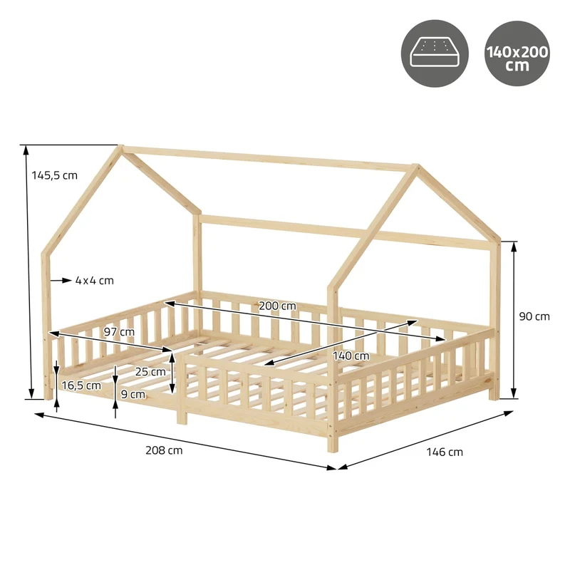 Kinderbett Hausbett 140x200 cm aus Kiefernholz Natur mit Rausfallschutz Dach und Lattenrost Holzbett ML-Design