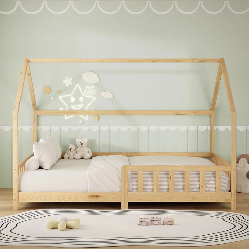 Kinderbett Hausbett 140x200 cm aus Kiefernholz Natur mit Rausfallschutz Dach und Lattenrost Holzbett ML-Design