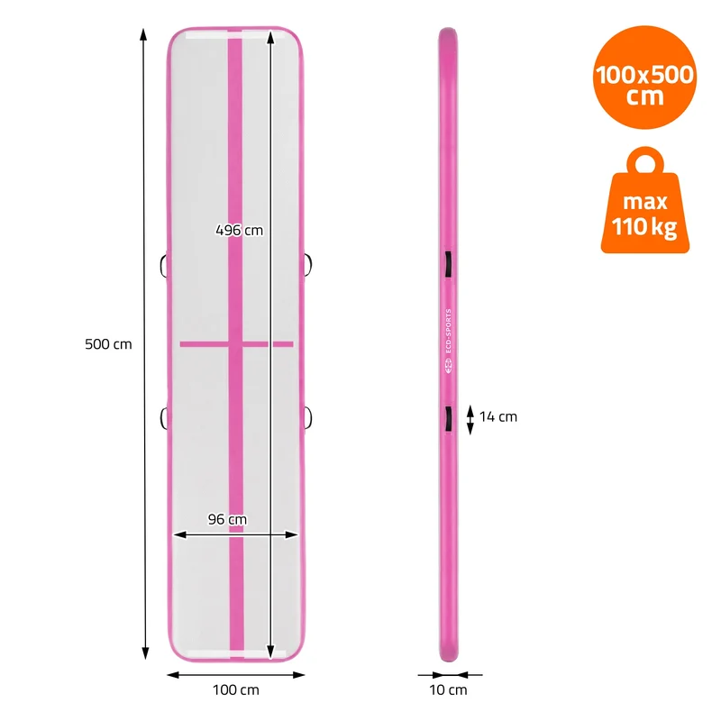 Aufblasbare Gymnastikmatte Turnmatte Airtrack 5m, Rosa, 10cm Dicke, inkl. Tragetasche & elektr. Luftpumpe