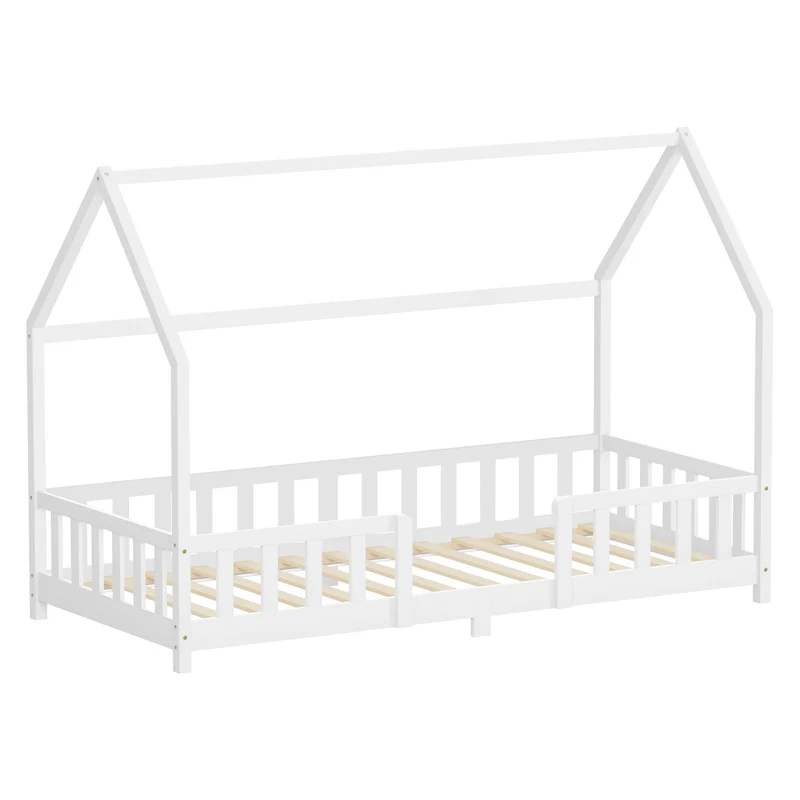 Kinderbett Hausbett 90x200 cm aus Kiefernholz Weiß mit Rausfallschutz Dach und Lattenrost Holzbett ML-Design