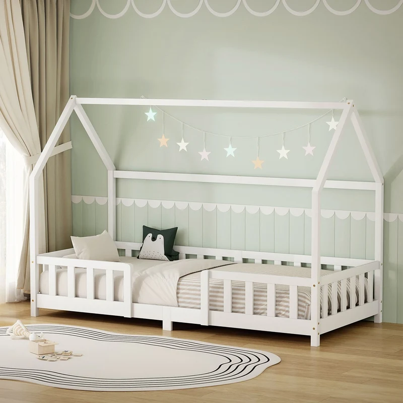 Kinderbett Hausbett 90x200 cm aus Kiefernholz Weiß mit Rausfallschutz Dach und Lattenrost Holzbett ML-Design