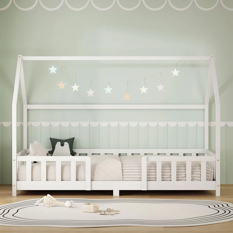 Kinderbett Hausbett 90x200 cm aus Kiefernholz Weiß mit Rausfallschutz Dach und Lattenrost Holzbett ML-Design