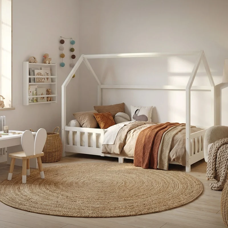 Kinderbett Hausbett 90x200 cm aus Kiefernholz Weiß mit Rausfallschutz Dach und Lattenrost Holzbett ML-Design