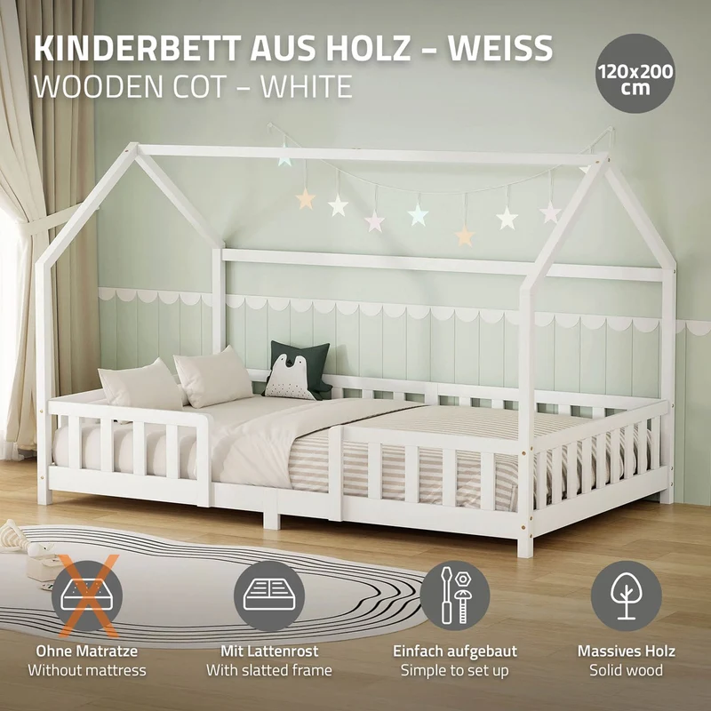 Kinderbett Hausbett 120x200 cm aus Kiefernholz Weiß mit Rausfallschutz Dach und Lattenrost Holzbett ML-Design