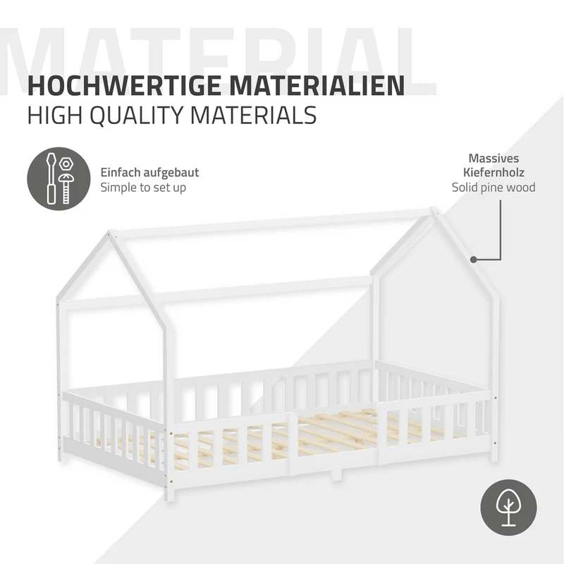 Kinderbett Hausbett 120x200 cm aus Kiefernholz Weiß mit Rausfallschutz Dach und Lattenrost Holzbett ML-Design