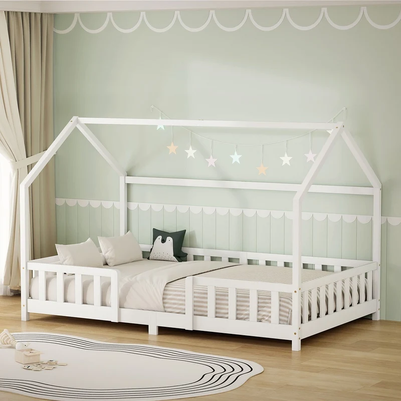 Kinderbett Hausbett 120x200 cm aus Kiefernholz Weiß mit Rausfallschutz Dach und Lattenrost Holzbett ML-Design
