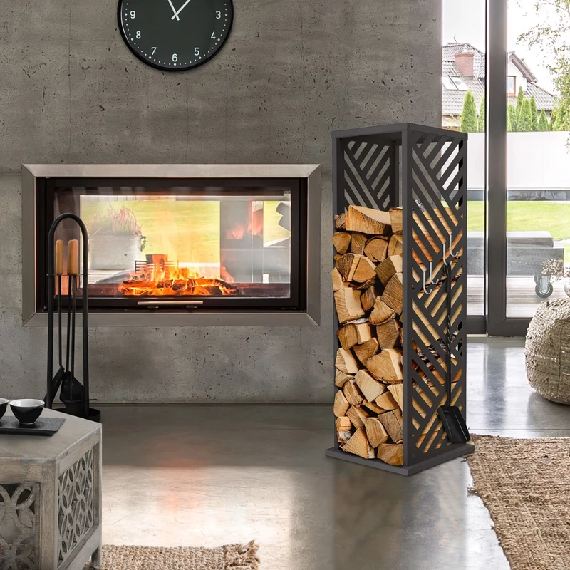 ML-DESIGN | Kaminholzregal Innen Außen 37,5x37,5x112 cm Stahl verzinkt Anthrazit Brennholzregal Metall Holzstapelhilfe wetterfest Säulen-Holzlager