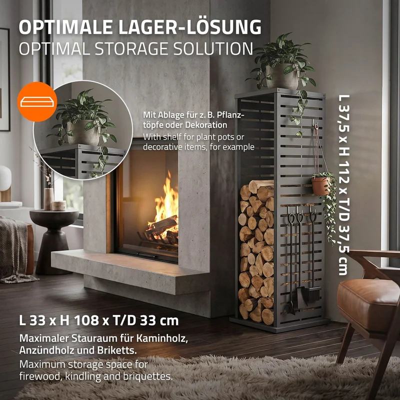 ML-DESIGN | Kaminholzregal Innen Außen 37,5x37,5x112 cm Stahl verzinkt Anthrazit Brennholzregal Metall Holzstapelhilfe wetterfest Säulen-Holzlager