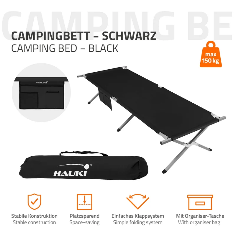 B-Ware Campingbett Feldbett klappbar 210x83x46 cm Schwarz mit Tragetasche bis 150 kg Hauki