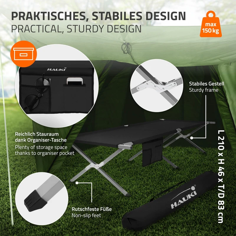 B-Ware Campingbett Feldbett klappbar 210x83x46 cm Schwarz mit Tragetasche bis 150 kg Hauki