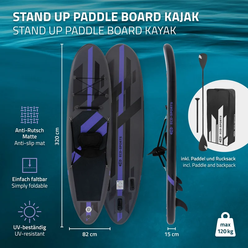 Stand Up Paddle aufblasbares SUP Board mit Kajak Sitz 320x82x15 cm in Schwarz aus PVC inkl. Pumpe und Tragetasche