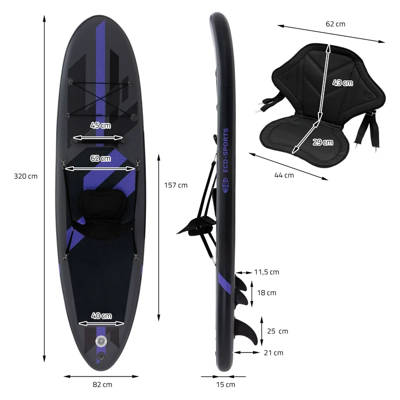 Stand Up Paddle aufblasbares SUP Board mit Kajak Sitz 320x82x15 cm in Schwarz aus PVC inkl. Pumpe und Tragetasche