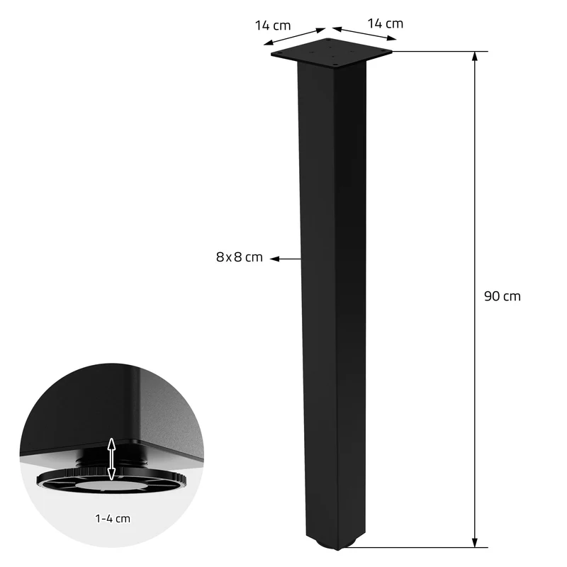 B-Ware 4er Set Tischbeine I-Design 90 cm Schwarz glänzend Stahl pulverbeschichtet eckig Profil 8x8 cm Höhenverstellbare Möbelfüße 1-4cm ML-Design