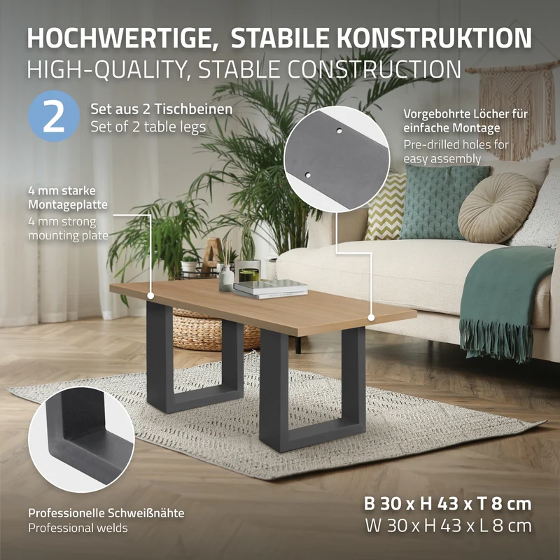 2x Tischbeine Bankkufen aus Vierkantprofilen 30x43 cm Anthrazit pulverbeschichtete Stahl
