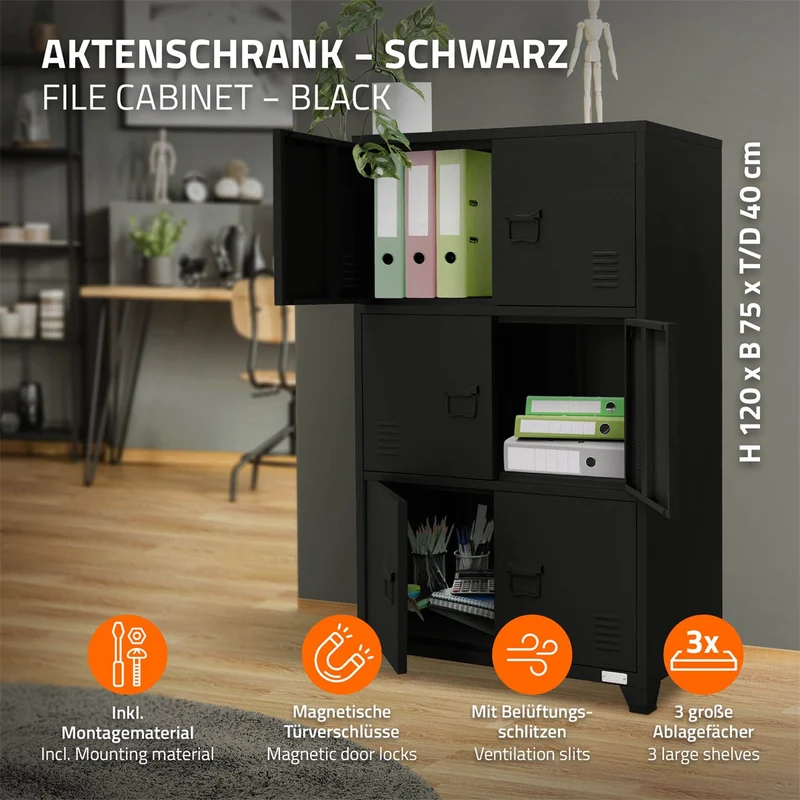 ML-Design | Aktenschrank mit drei Ebenen Magnetverschluss 75x40x120 cm aus Stahl, Büroschrank