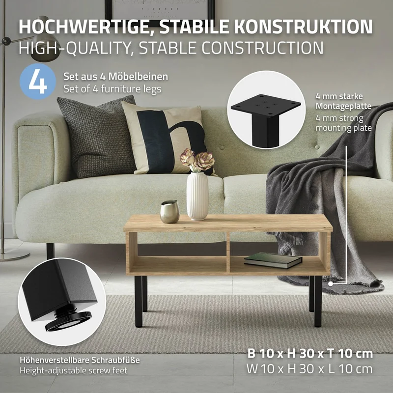 ML-Design | 4er Set Tischbeine I-Design aus pulverbeschichteter Stahl, höhenverstellbare Möbelfüße