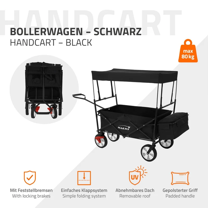 HAUKI | Bollerwagen faltbar mit Dach und Tasche aus Stahl Transportwagen Handwagen klappbar für Kinder, Picknick, Camping & Garten
