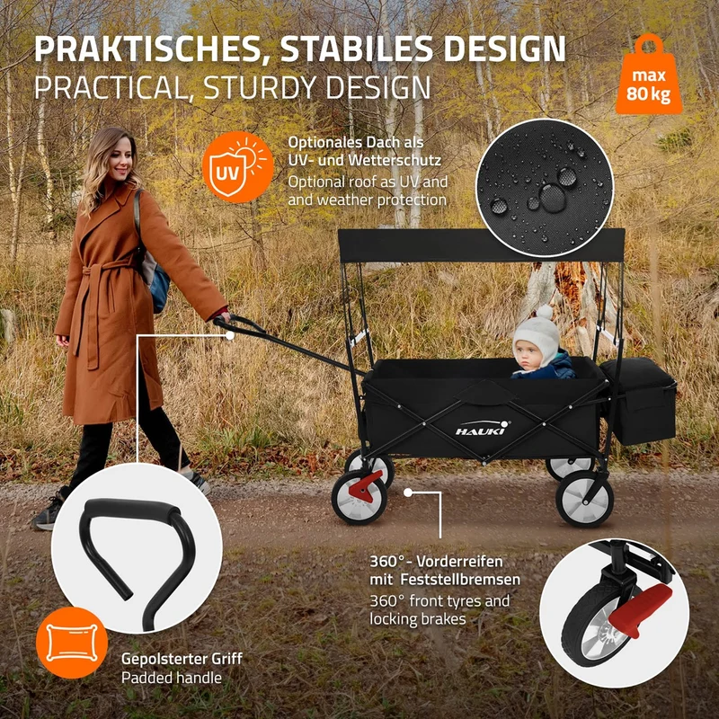 HAUKI | Bollerwagen faltbar mit Dach und Tasche aus Stahl Transportwagen Handwagen klappbar für Kinder, Picknick, Camping & Garten