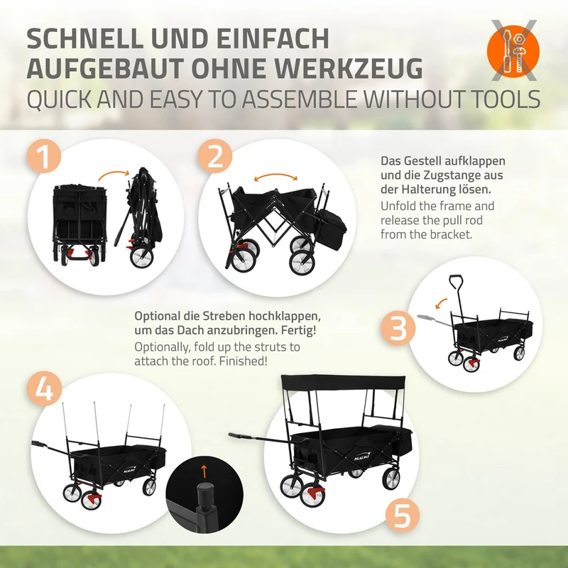 HAUKI | Bollerwagen faltbar mit Dach und Tasche aus Stahl Transportwagen Handwagen klappbar für Kinder, Picknick, Camping & Garten