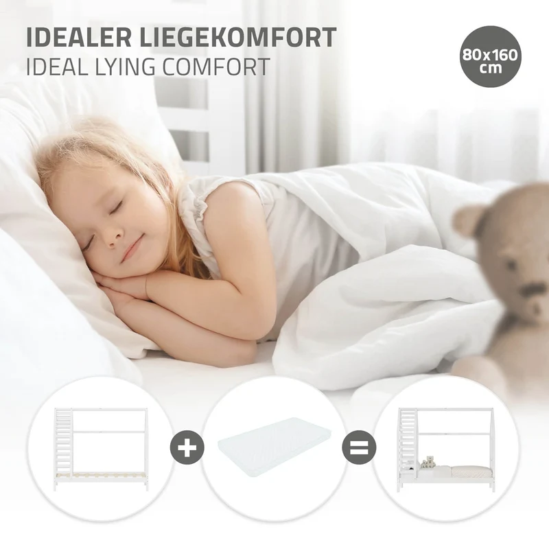 ML-DESIGN | Kinderbett mit Lattenrost aus massivem Kiefernholz 80x160 cm Weiß Hausbett mit Dach & Fenster Montessori Bettgestell für Mädchen & Jungen
