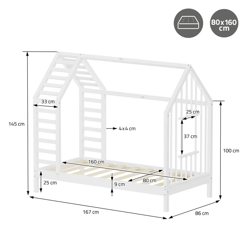 ML-DESIGN | Kinderbett mit Lattenrost aus massivem Kiefernholz 80x160 cm Weiß Hausbett mit Dach & Fenster Montessori Bettgestell für Mädchen & Jungen