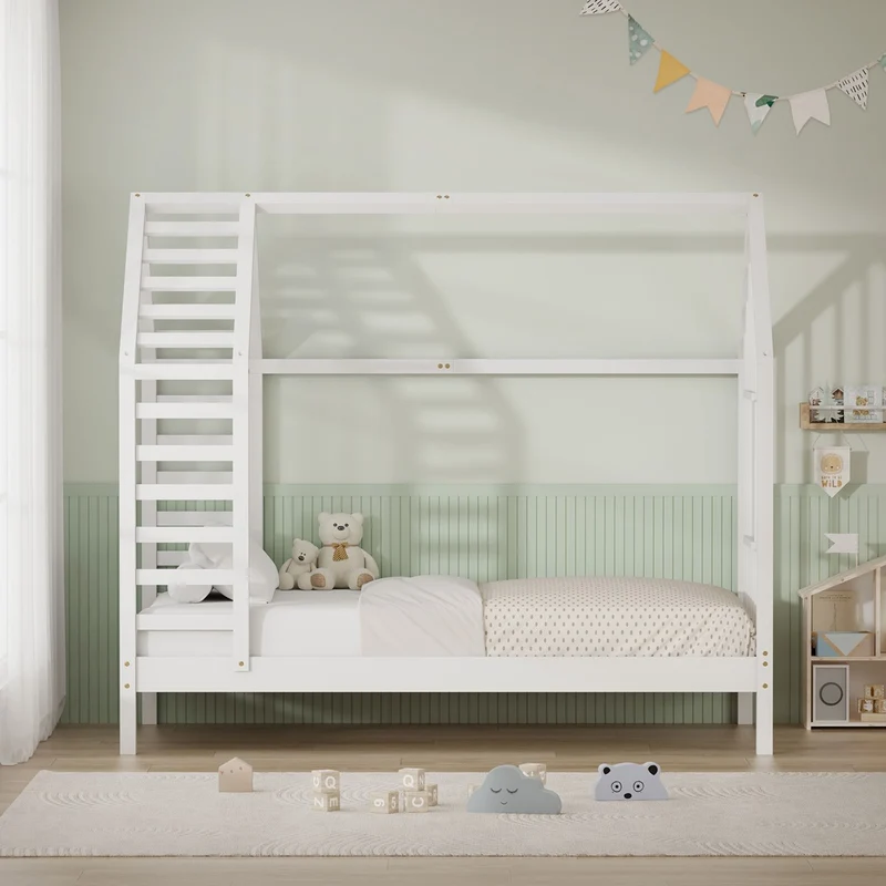ML-DESIGN | Kinderbett mit Lattenrost aus massivem Kiefernholz 80x160 cm Weiß Hausbett mit Dach & Fenster Montessori Bettgestell für Mädchen & Jungen