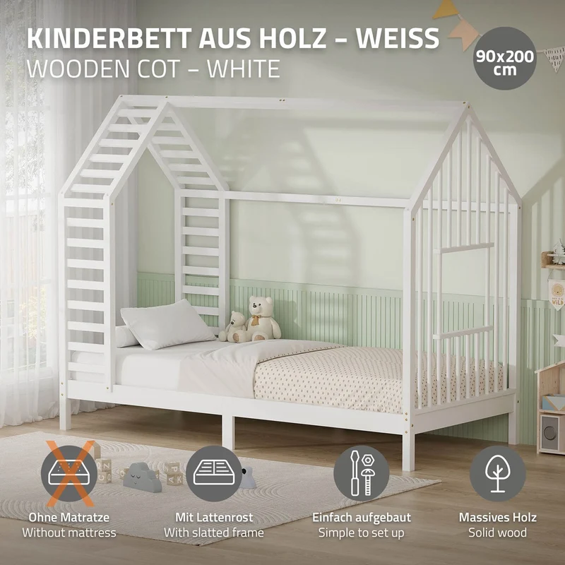 ML-DESIGN | Kinderbett mit Lattenrost aus massivem Kiefernholz 90x200 cm Weiß Hausbett mit Dach & Fenster Montessori Bettgestell für Mädchen & Jungen