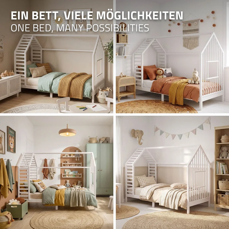 ML-DESIGN | Kinderbett mit Lattenrost aus massivem Kiefernholz 90x200 cm Weiß Hausbett mit Dach & Fenster Montessori Bettgestell für Mädchen & Jungen