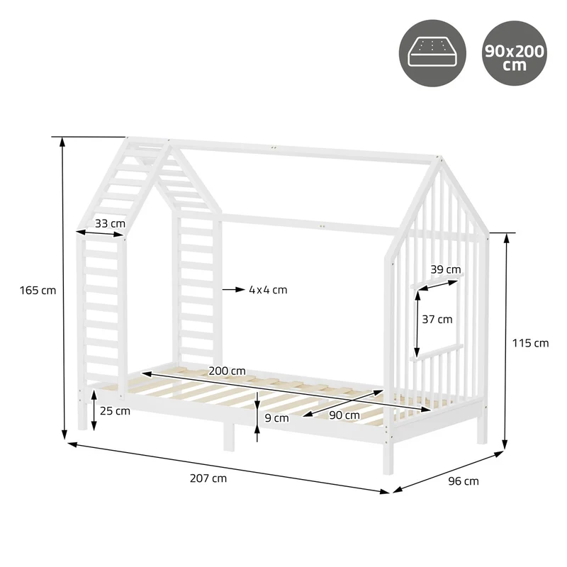 ML-DESIGN | Kinderbett mit Lattenrost aus massivem Kiefernholz 90x200 cm Weiß Hausbett mit Dach & Fenster Montessori Bettgestell für Mädchen & Jungen