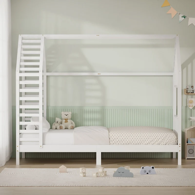 ML-DESIGN | Kinderbett mit Lattenrost aus massivem Kiefernholz 90x200 cm Weiß Hausbett mit Dach & Fenster Montessori Bettgestell für Mädchen & Jungen