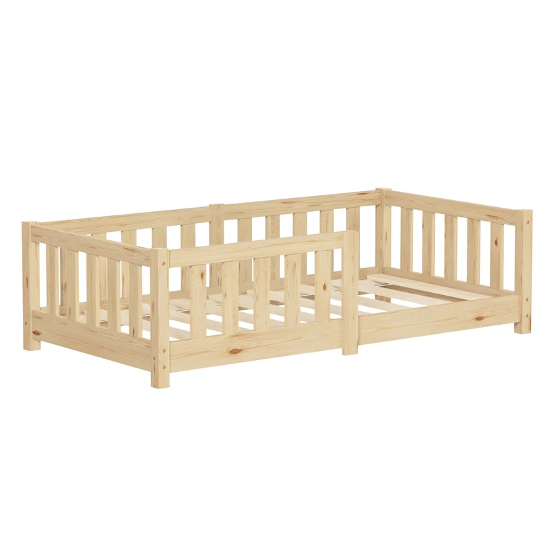 Kinderbett 70x140 cm mit Lattenrost und Rausfallschutz Natur Kiefernholz ML-Design