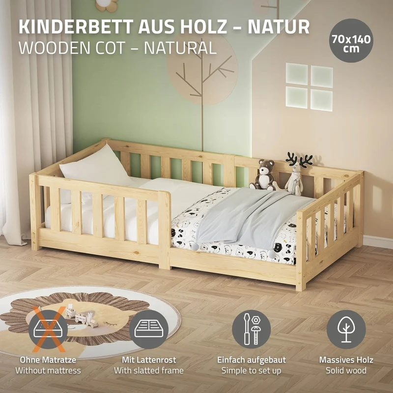 Kinderbett 70x140 cm mit Lattenrost und Rausfallschutz Natur Kiefernholz ML-Design