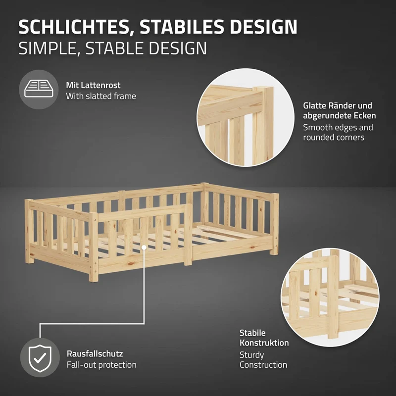 Kinderbett 70x140 cm mit Lattenrost und Rausfallschutz Natur Kiefernholz ML-Design