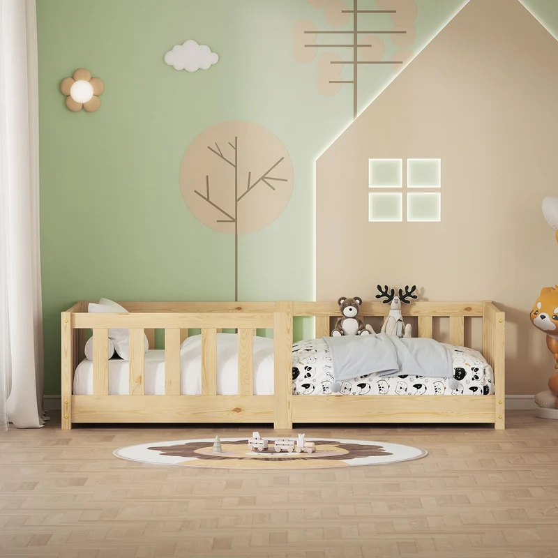 Kinderbett 70x140 cm mit Lattenrost und Rausfallschutz Natur Kiefernholz ML-Design