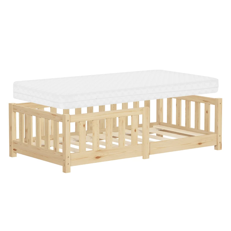 Kinderbett 70x140 cm mit Lattenrost Rausfallschutz und Matratze H-10 cm Natur Kiefernholz ML-Design
