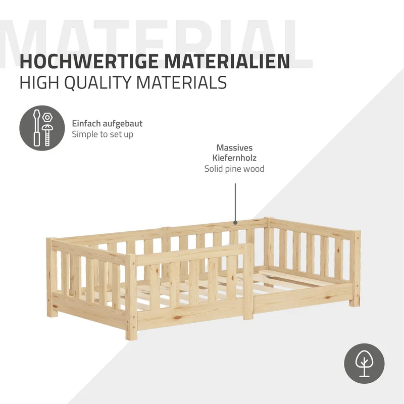 Kinderbett 70x140 cm mit Lattenrost Rausfallschutz und Matratze H-10 cm Natur Kiefernholz ML-Design