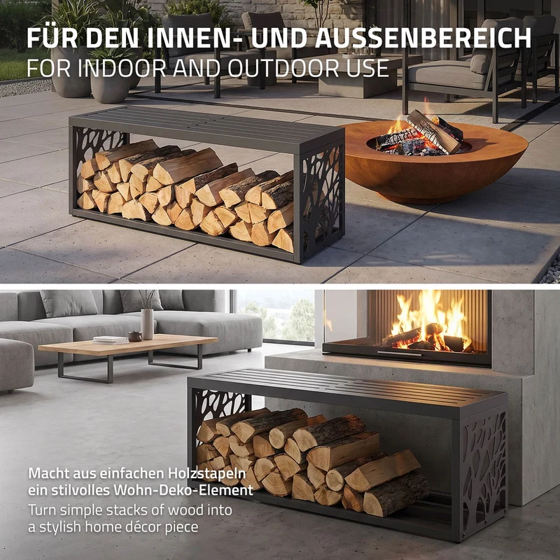 ML-DESIGN | Kaminholzregal Innen/Aussen mit Sitzbank 120x38x43 cm Stahl verzinkt Anthrazit Brennholzregal Holzlager Metall Feuerholzregal wetterfest