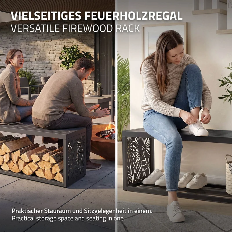 ML-DESIGN | Kaminholzregal Innen/Aussen mit Sitzbank 120x38x43 cm Stahl verzinkt Anthrazit Brennholzregal Metall Holzlager wetterfest Feuerholzregal