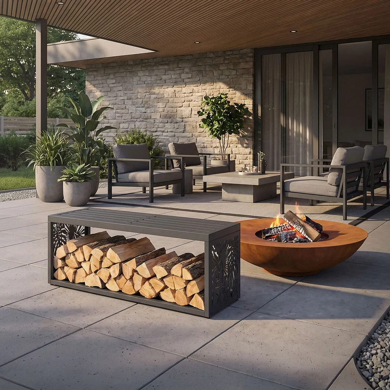 ML-DESIGN | Kaminholzregal Innen/Aussen mit Sitzbank 120x38x43 cm Stahl verzinkt Anthrazit Brennholzregal Metall Holzlager wetterfest Feuerholzregal