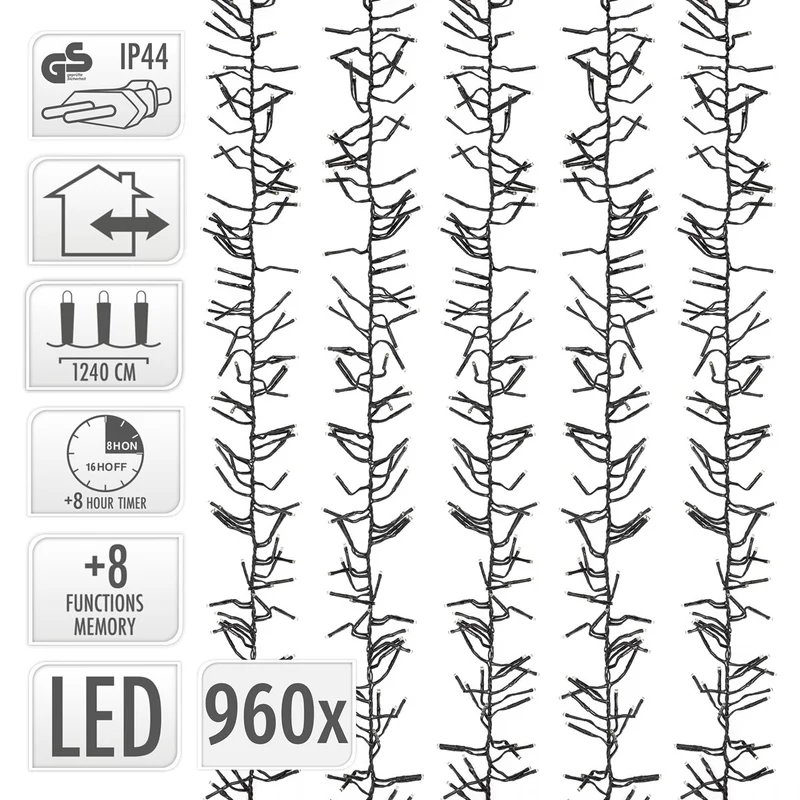ECD Germany | LED Lichterkette Außen Innen 12,4 m Warmweiß Weihnachtsbeleuchtung LED Cluster Büschellichterkette Weihnachten wetterfest 960 LED Timer
