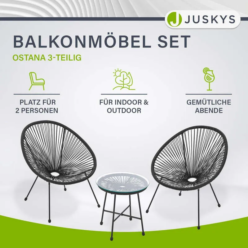 B-Ware Balkonmöbel Ostana 3-teilig Platzsparende Sitzgruppe Retro-Design Schwarz